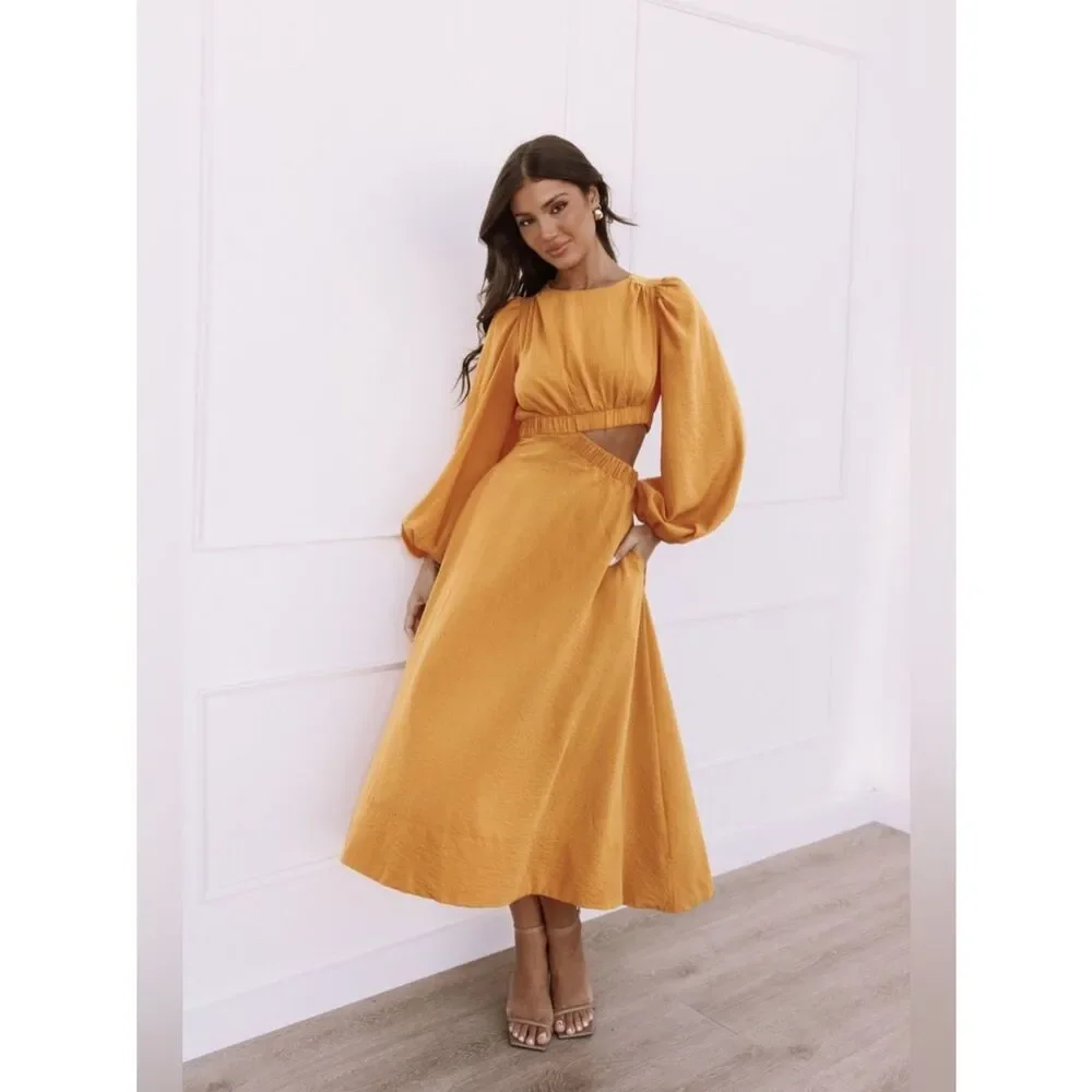 Petal & Pup Ginnee Puff Sleeve Cutout Long Sleeve Midi Dress Size XSmall